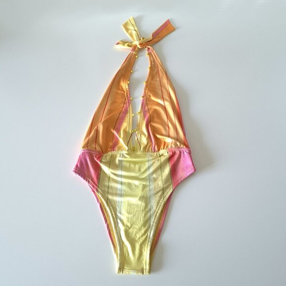 NWT Rococo Sand printed yellow & coral beaded accent halter one piece swimsuit - Picture 2 of 6